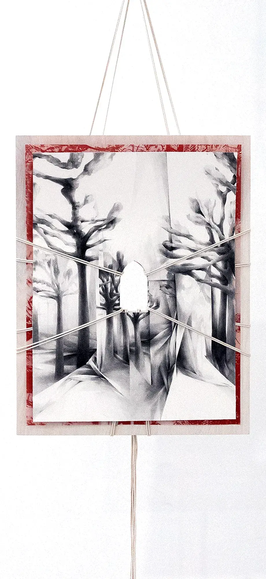 ‘my inability to sever the wood from the trees . GoodbyeEvergreen’ by Aaron Alexander Smyth, polychromos on 640gsm fabriano artistico bound to 19mm limed ash, hp archival transparency. bound together with cotton rope.