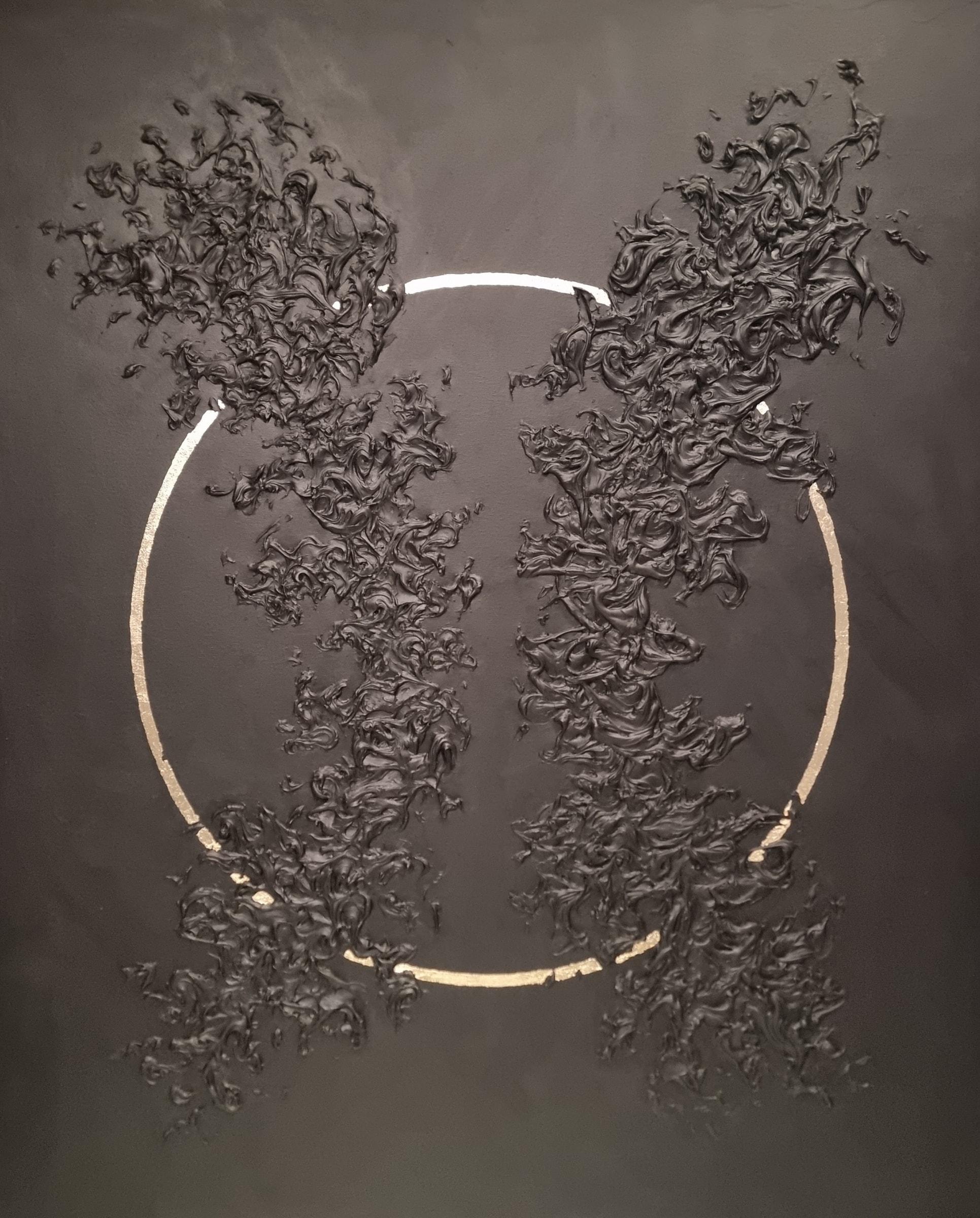 Equilibrium (2024) by Gavin Johnson, acrylic, model paste and gold leaf on canvas