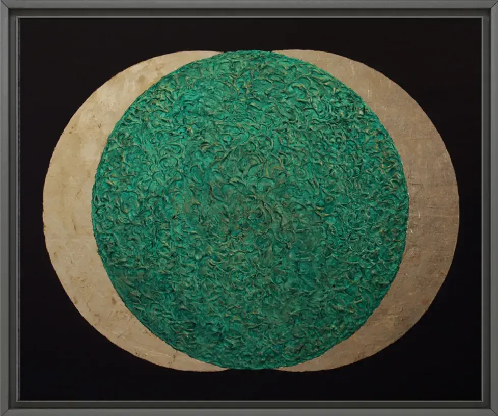 Abundant Growth (2023) by Gavin Johnson, acrylic, gold leaf, and modelling paste on canvas