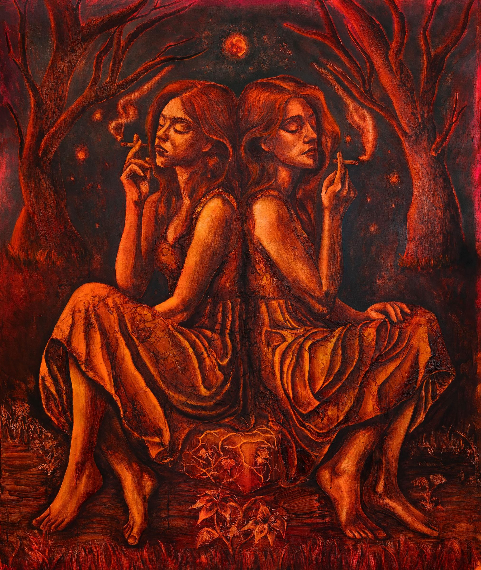 Prophetic Friend (Mirrors and Shadows) (2025) by Gretel Warner, acrylic and collage on canvas