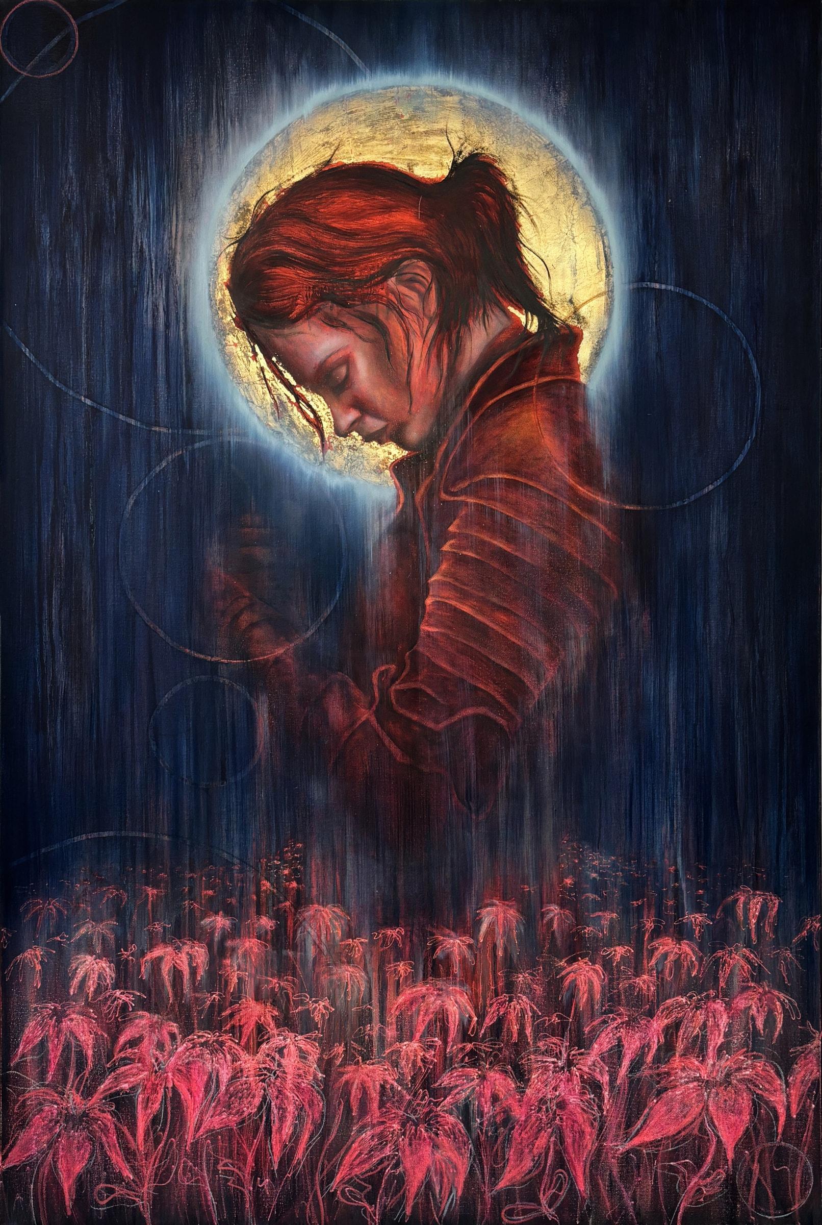 Mater Lucis (Mother of Light) (2025-26) by Gretel Warner, oil, pastel and gold leaf on canvas