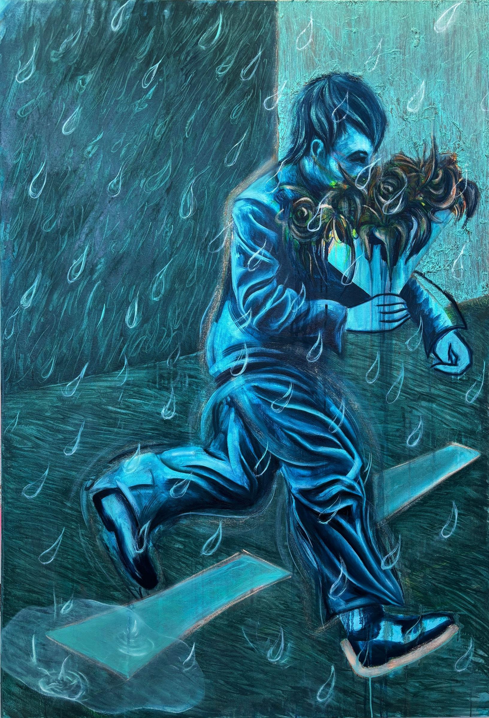 He Brought Her Flowers (In the Pouring Rain) (2025) by Gretel Warner, acrylic, oil and collage on canvas