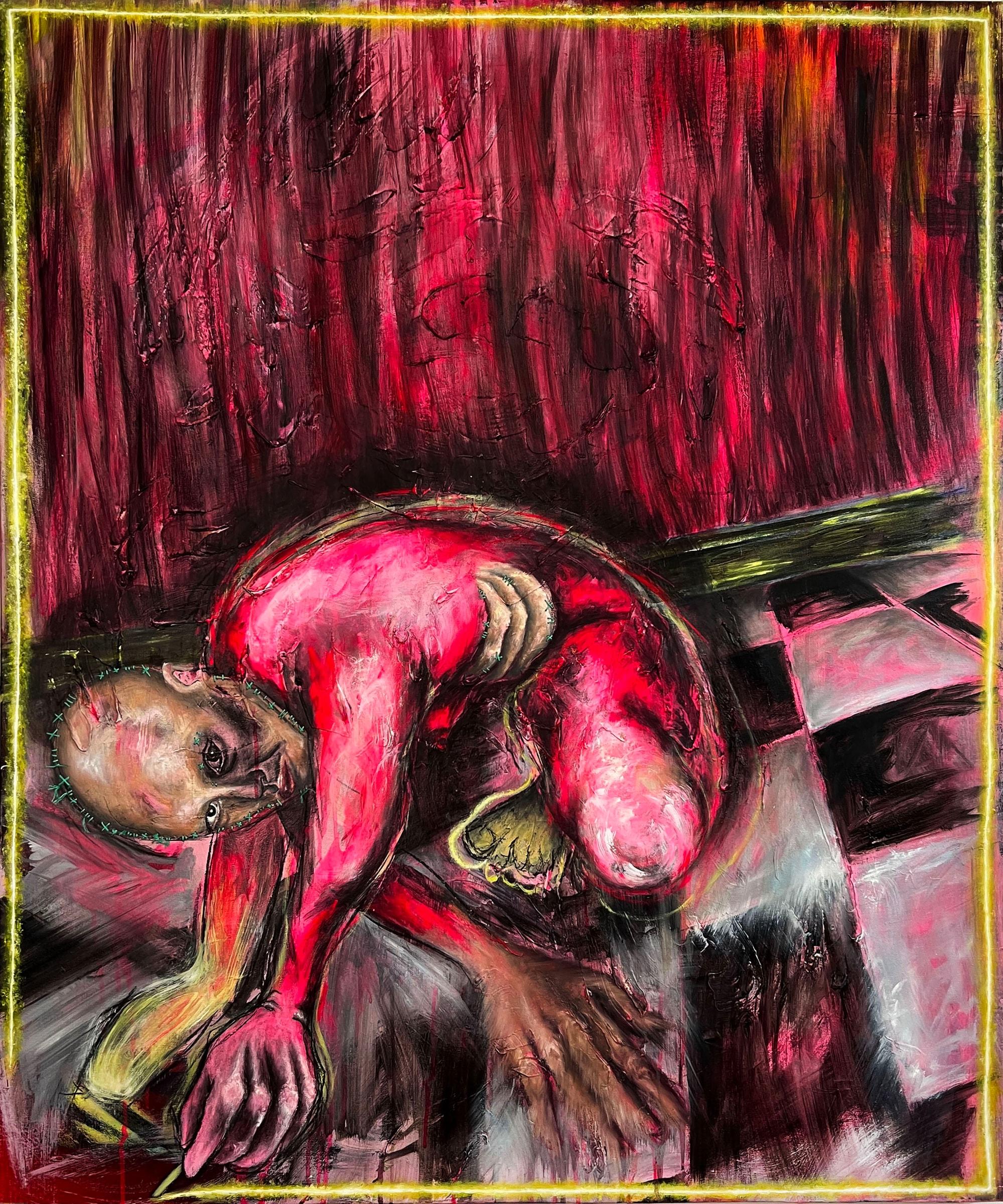 Drawing The Line (2024) by Gretel Warner, oil, acrylic, charcoal and thread on canvas