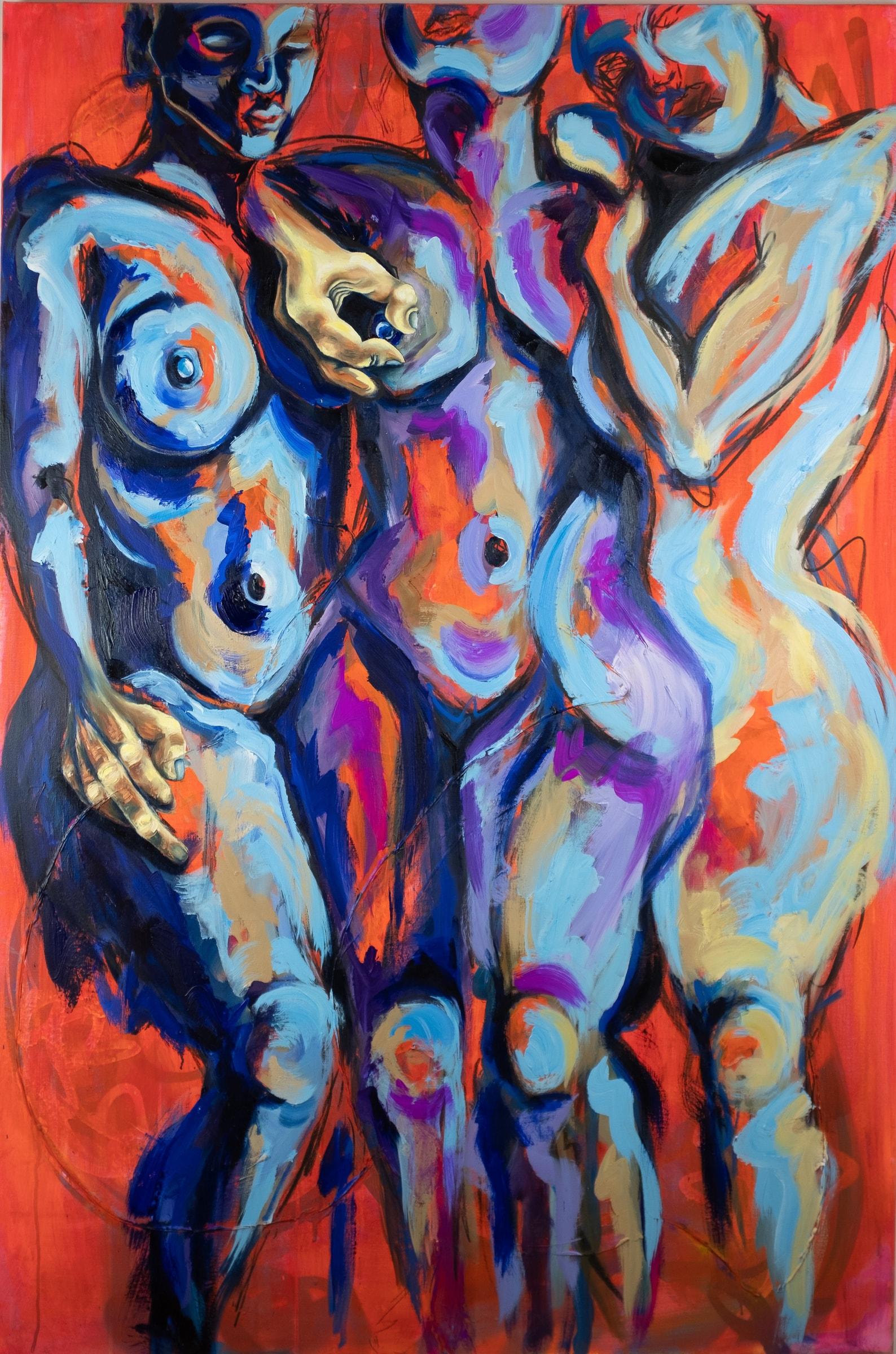 The Three Graces (With A Little Less Grace) (2023) by Gretel Warner, oil, acrylic and charcoal on textured canvas