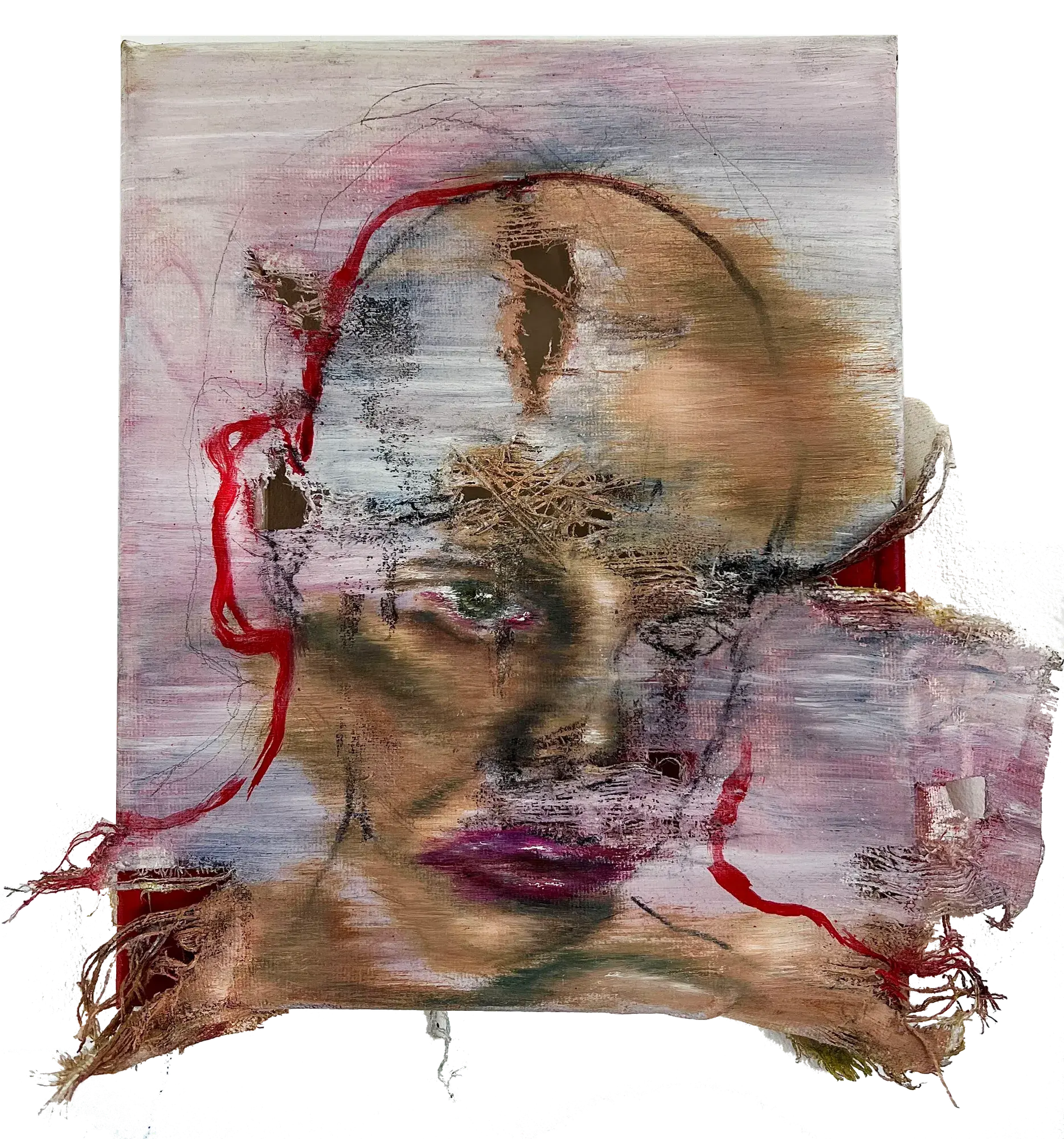 Damaged Not Broken (2023) by Gretel Warner, oil, charcoal and thread on distressed canvas