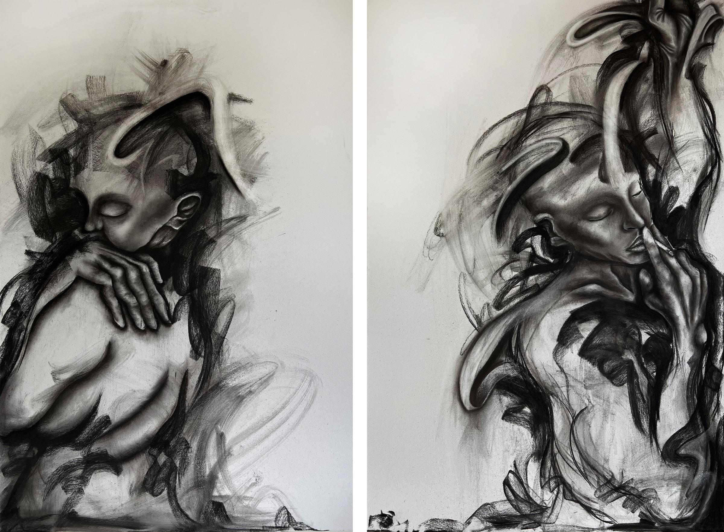 Two Days Appart (Dyptich) (2023) by Gretel Warner, charcoal on canvas