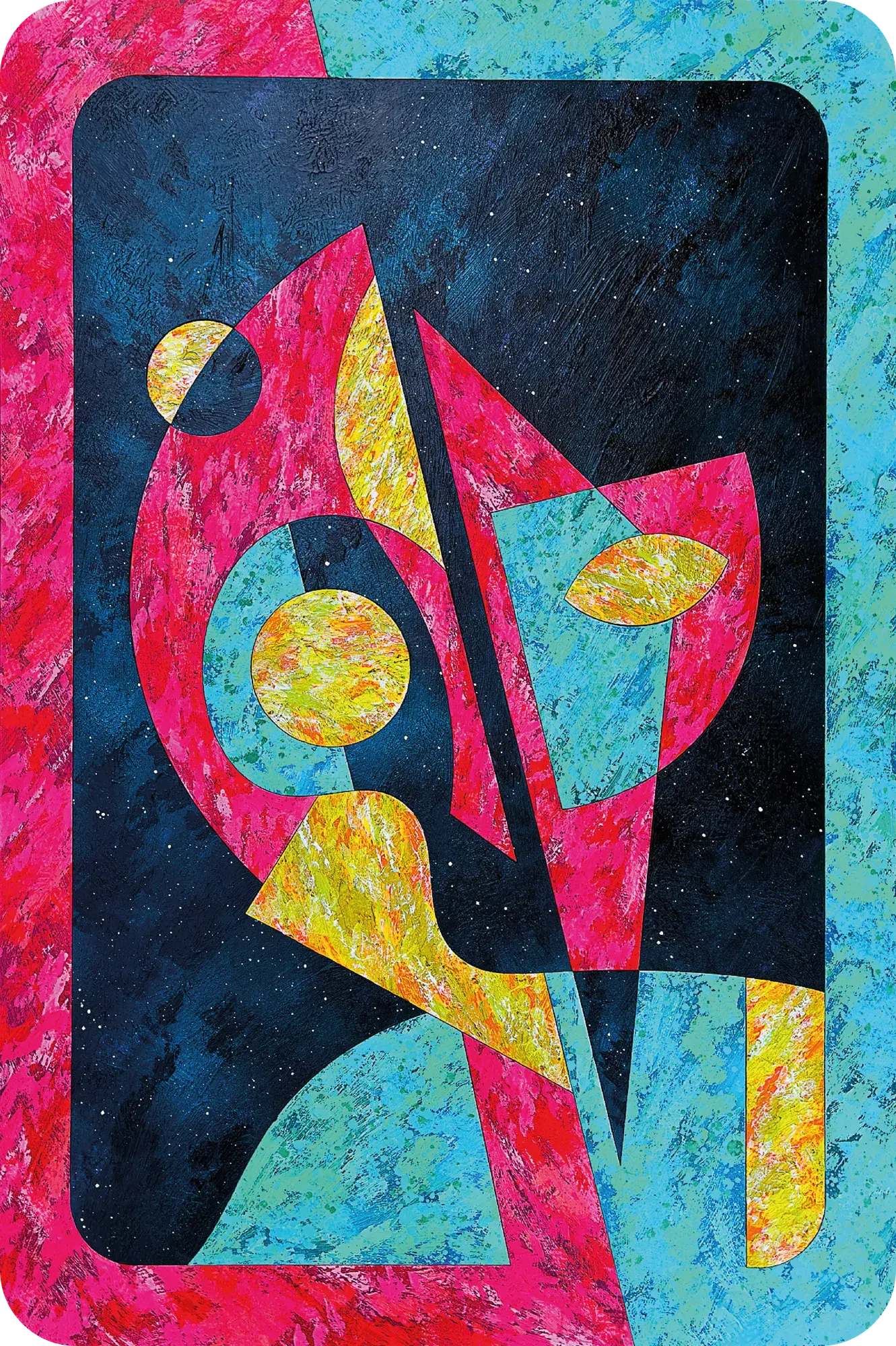 Abstractions of Self (2025) by Lewis Deeney, acrylic, spray paint & metallic pigment on laser cut, reconstructed board