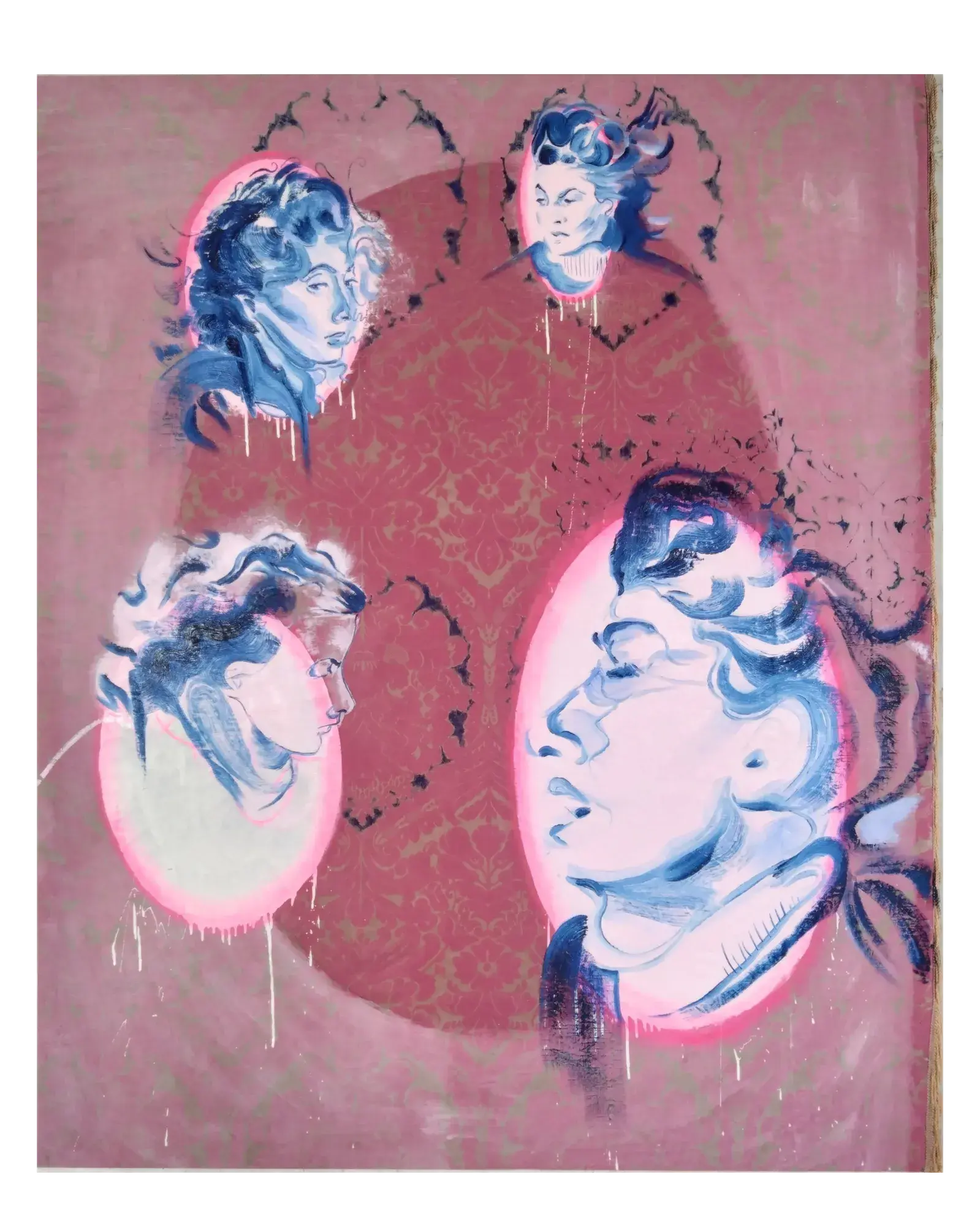 Magnolias (Portrait of Nina Cust) (2026) by Lucy Cade, oil on found satin, curtain tassels