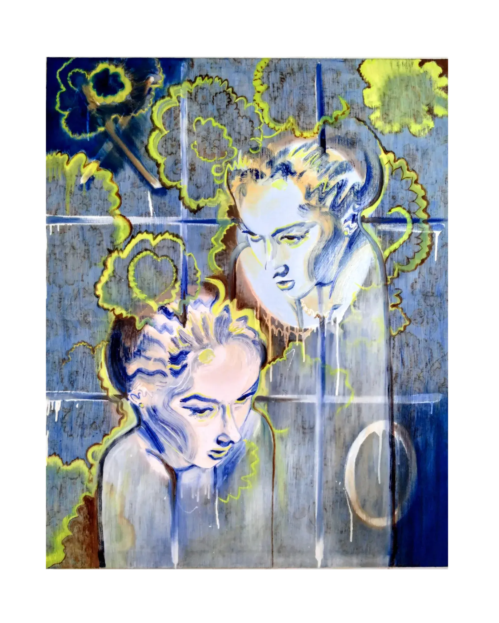 In Two Minds (2026) by Lucy Cade, oil on found polycotton