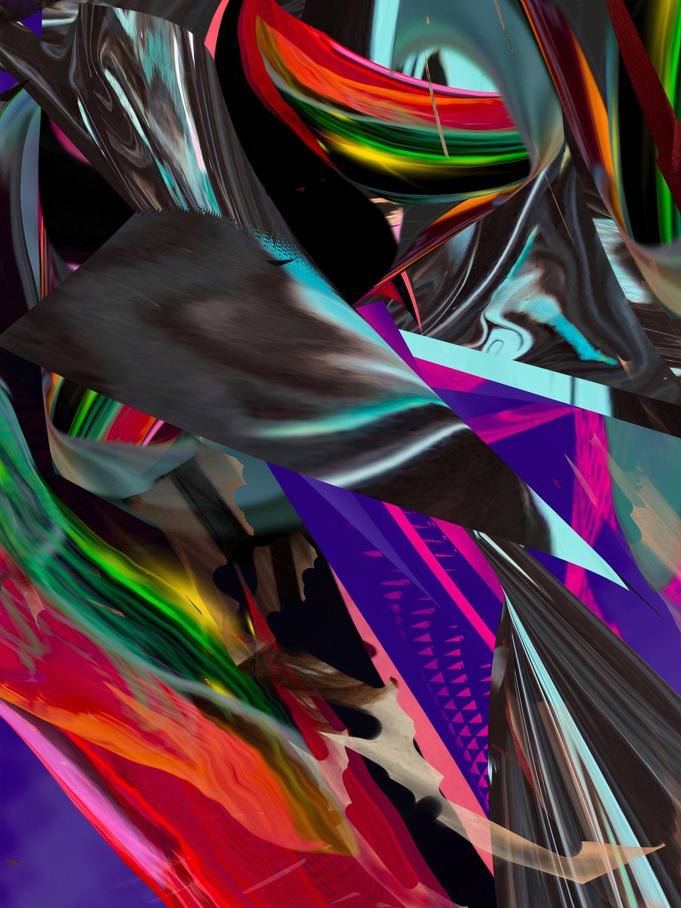 Abstract artwork in vivid red, purple, teal and black tones