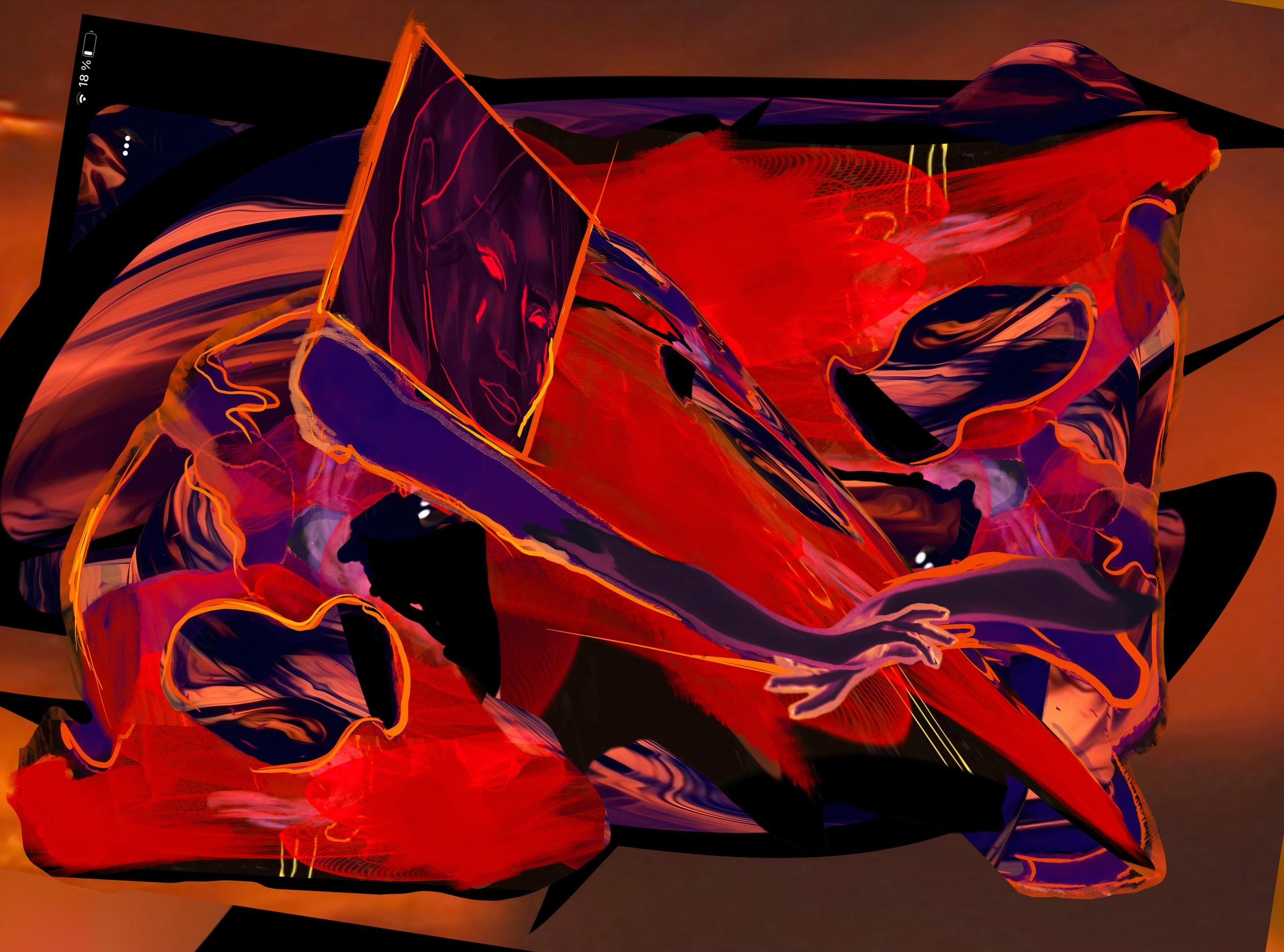 Abstract digital artwork in red, orange and violet by Elliott Nicole J. Waller