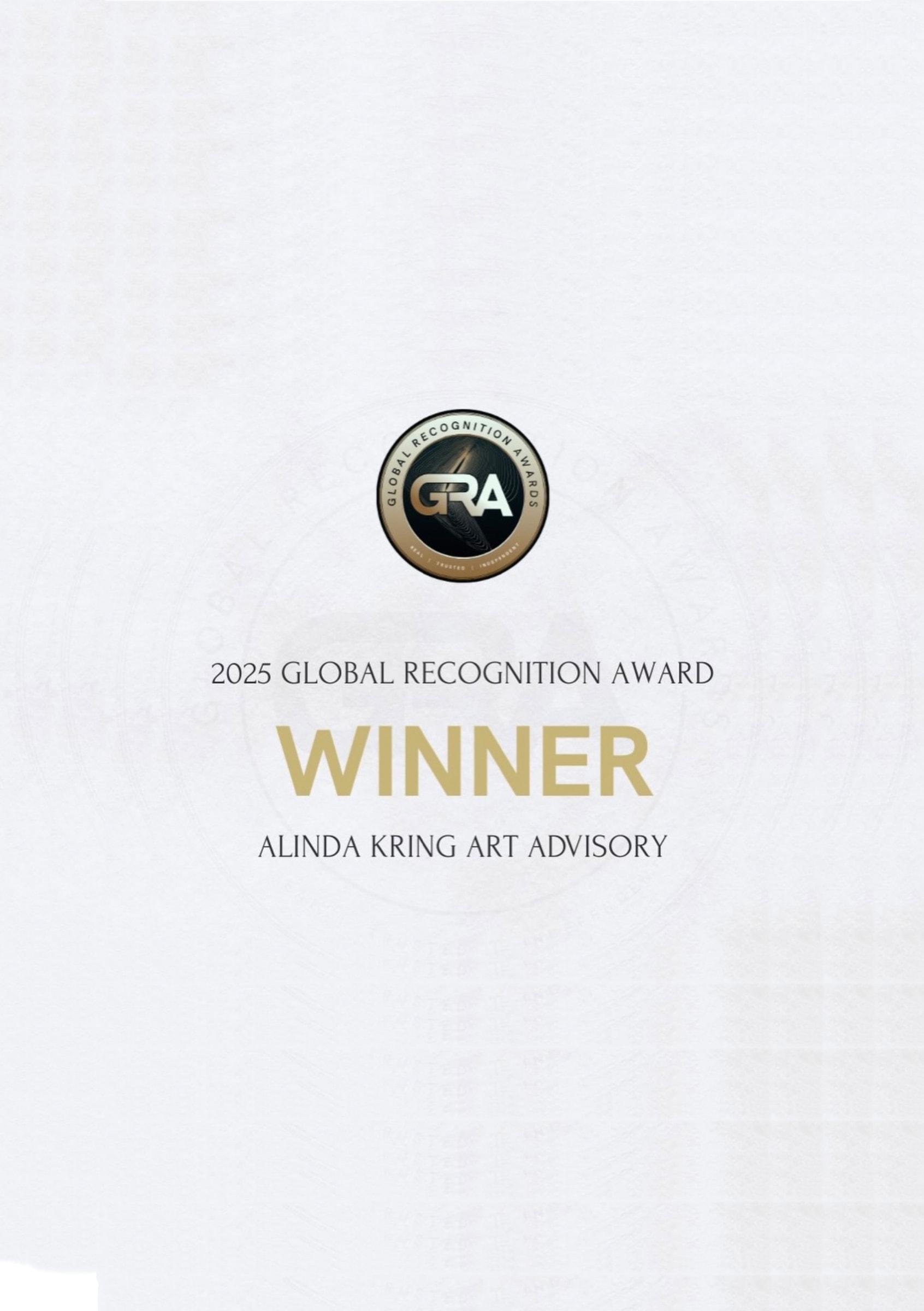 2025 Global Recognition Award winner certificate for Alinda Kring Art Advisory
