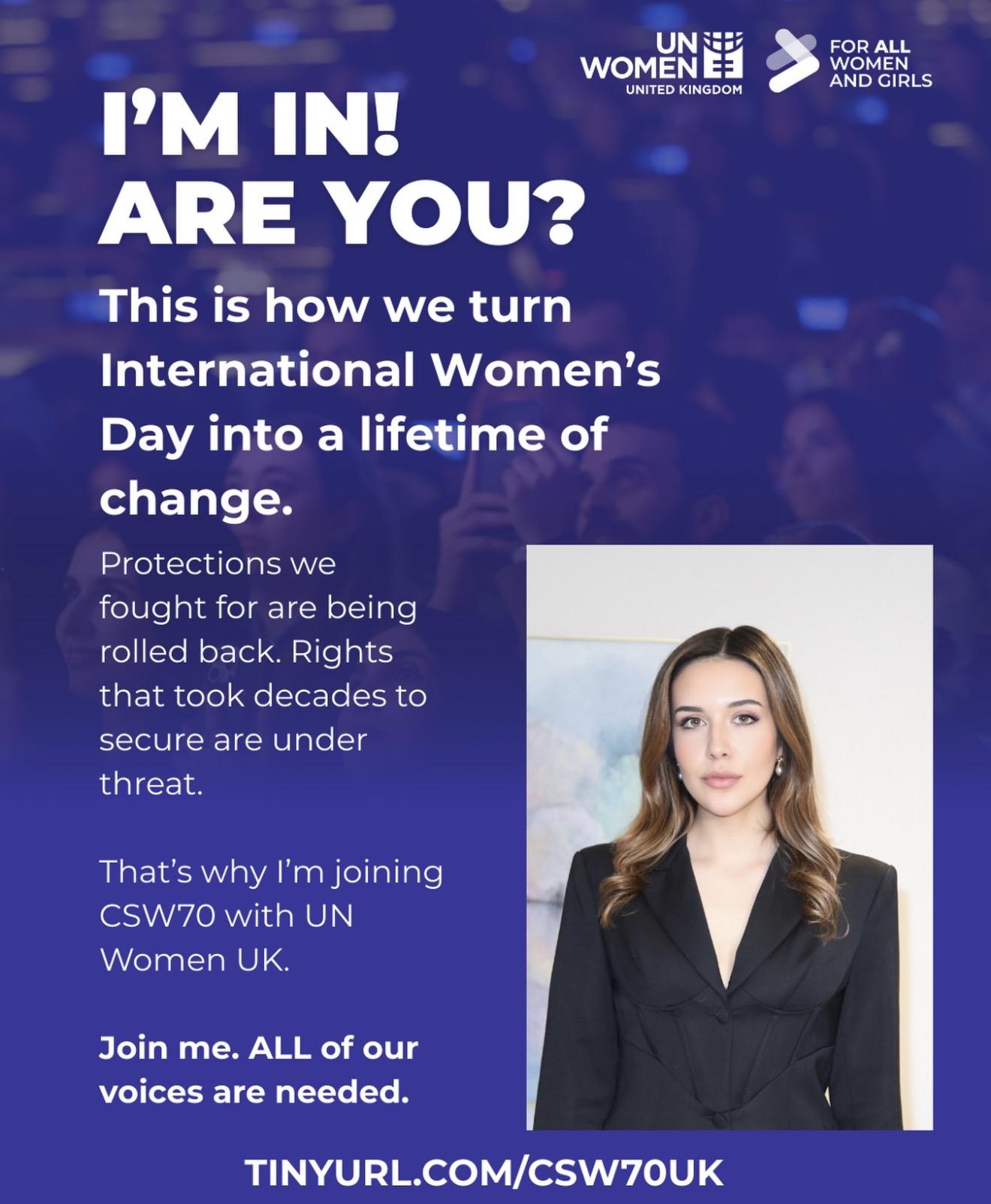 UN Women UK campaign graphic with a portrait of Alinda Kring and the message “I’m in! Are you?”