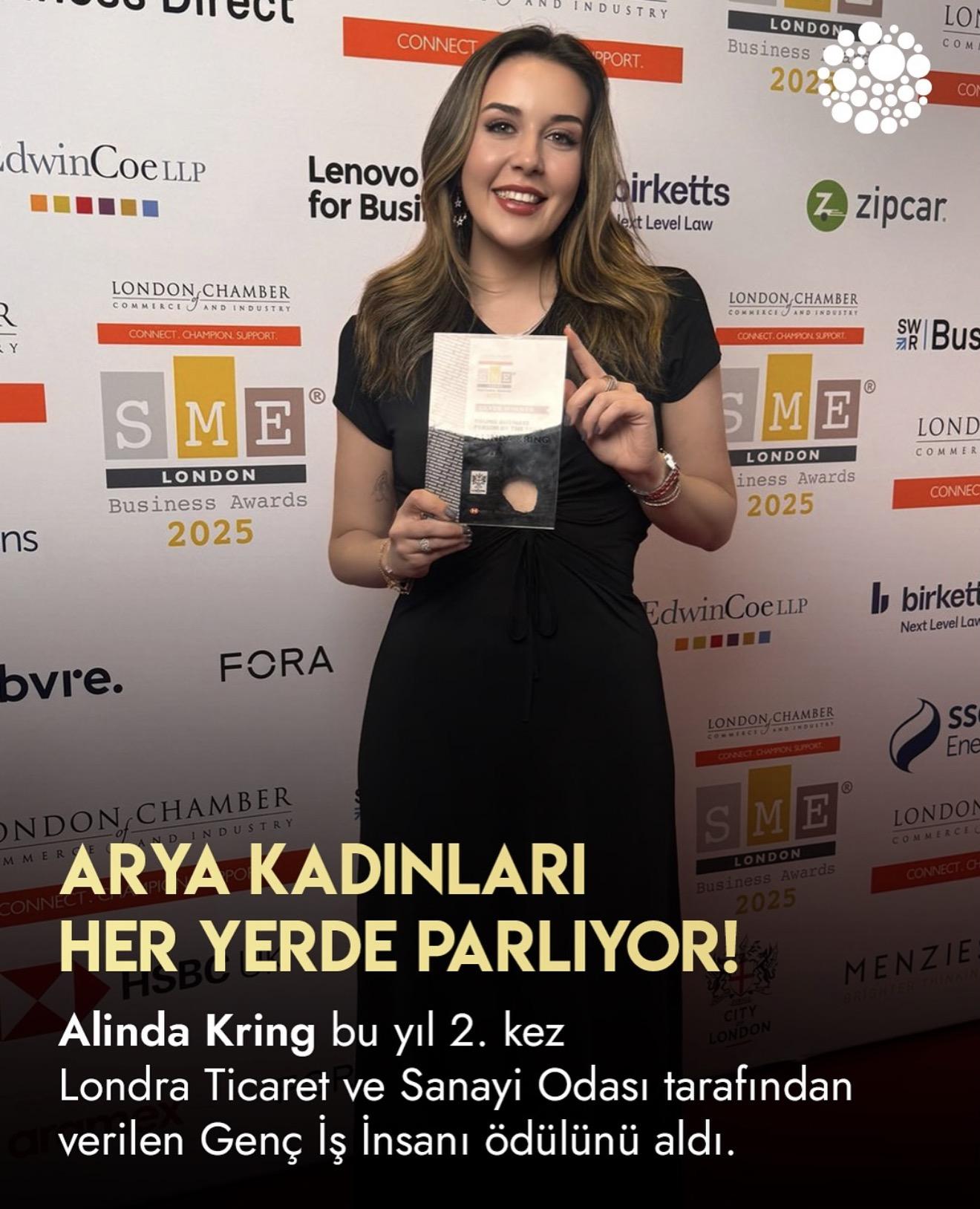 ARYA WOMEN feature showing Alinda Kring with her Young Business Person of the Year award, with a Turkish caption