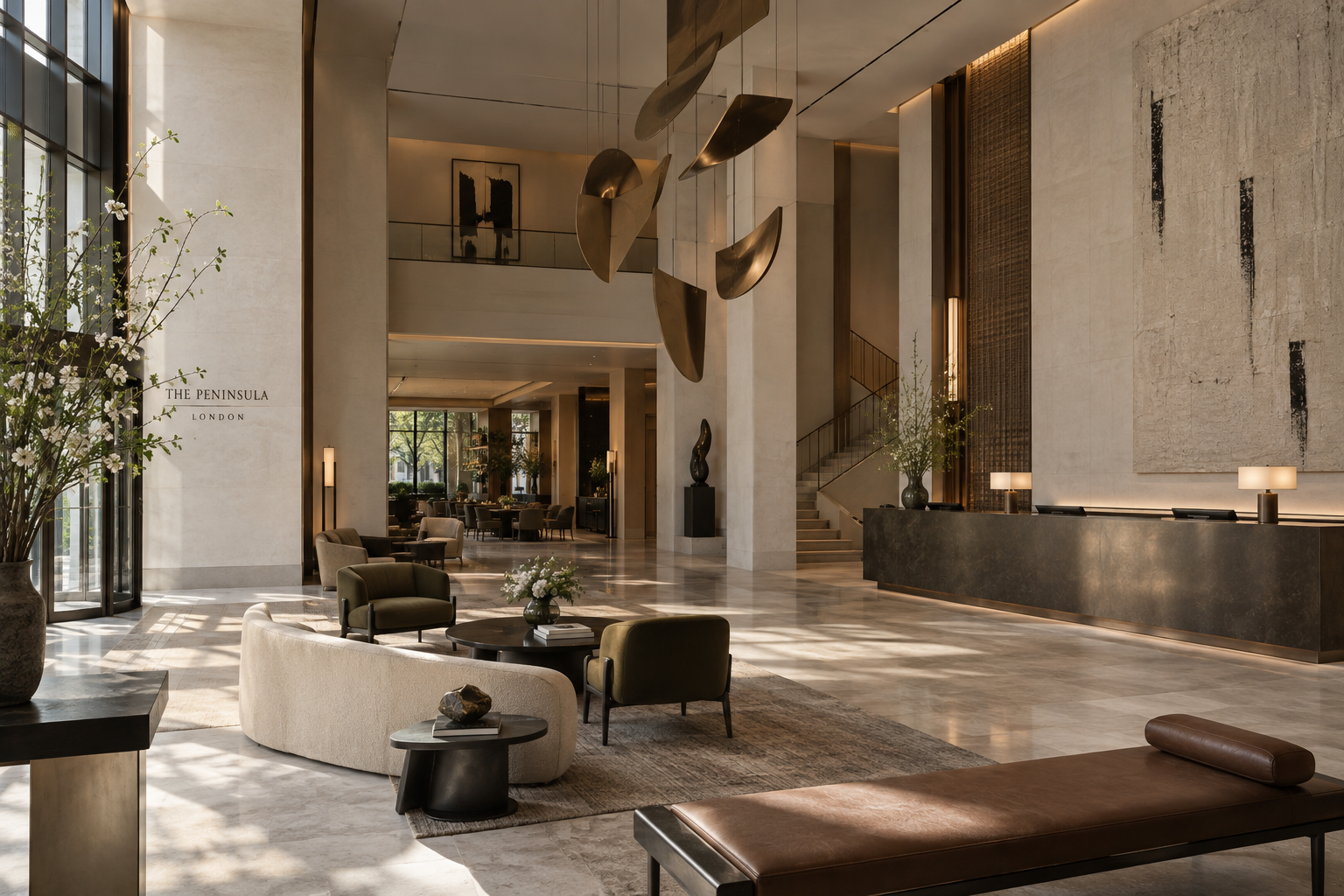 Lobby of The Peninsula London with contemporary artworks and a suspended sculpture