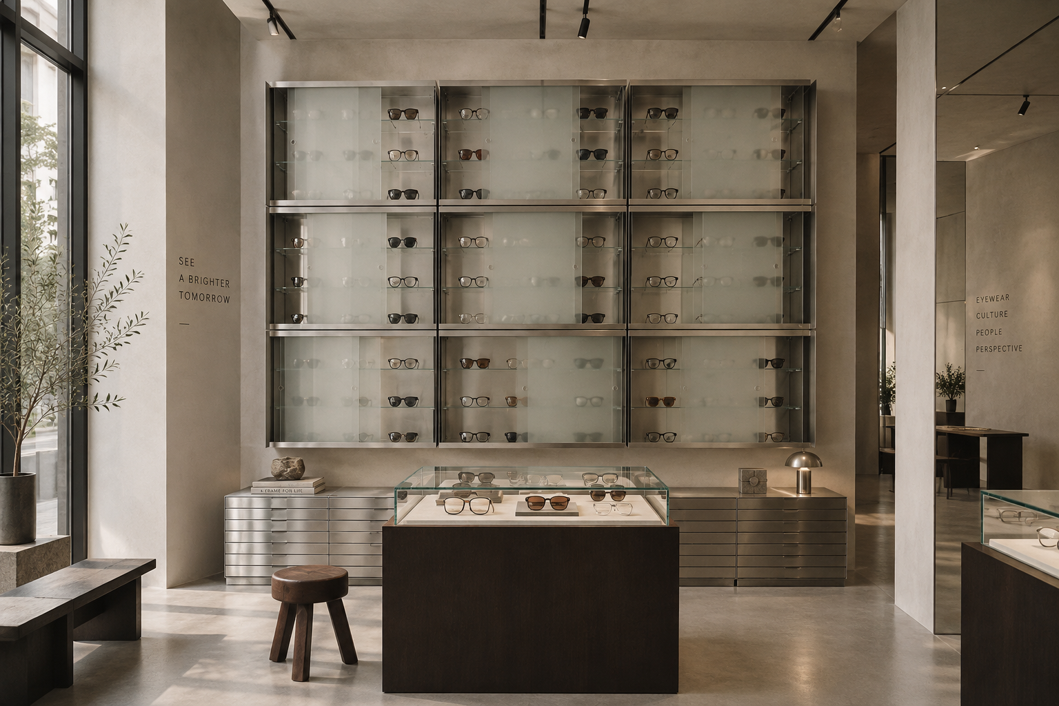 Boutique eyewear store interior with glass display cabinets
