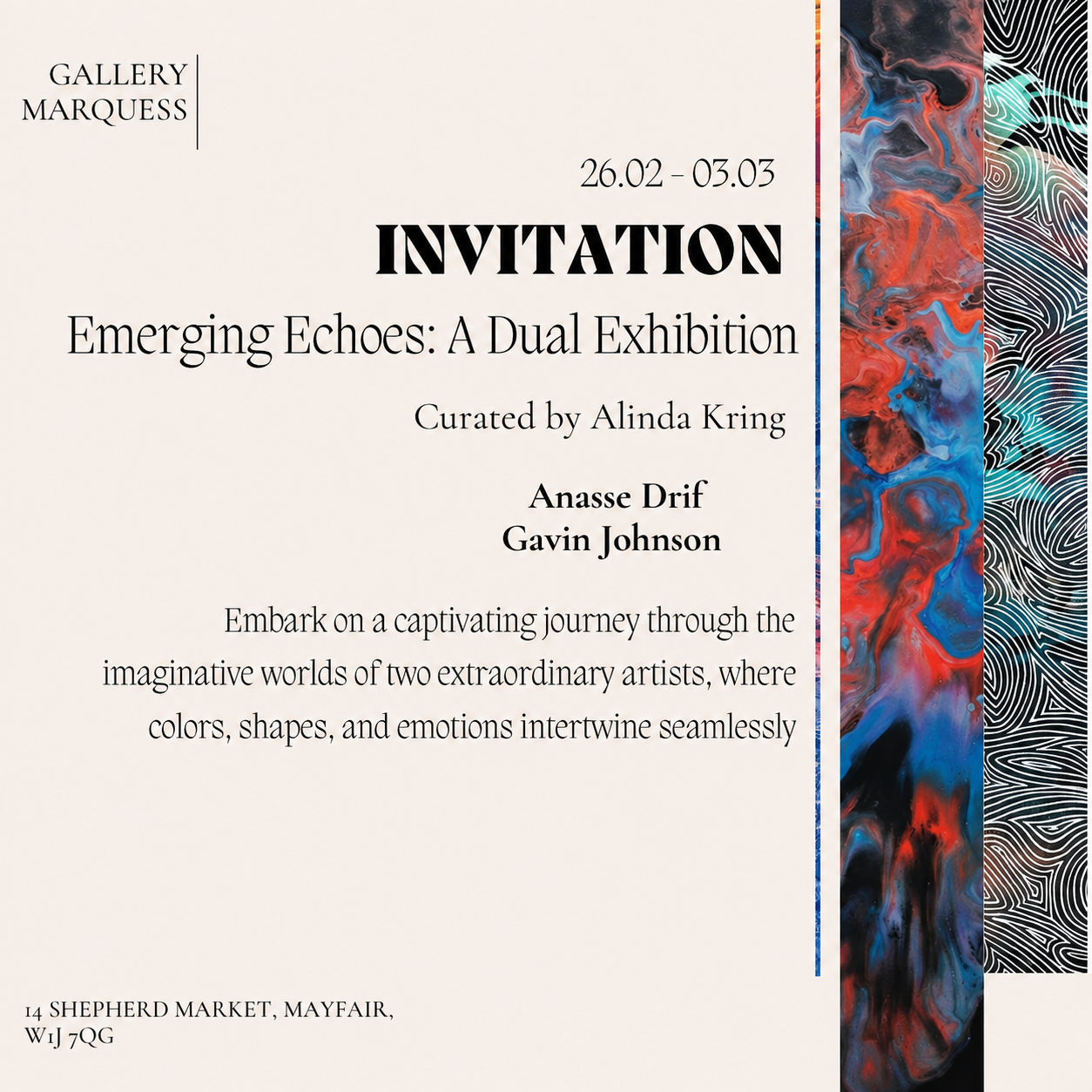 Exhibition invitation for Gavin Johnson and Annasse Drif at Gallery MARQUESS, Mayfair, curated by Alinda Kring