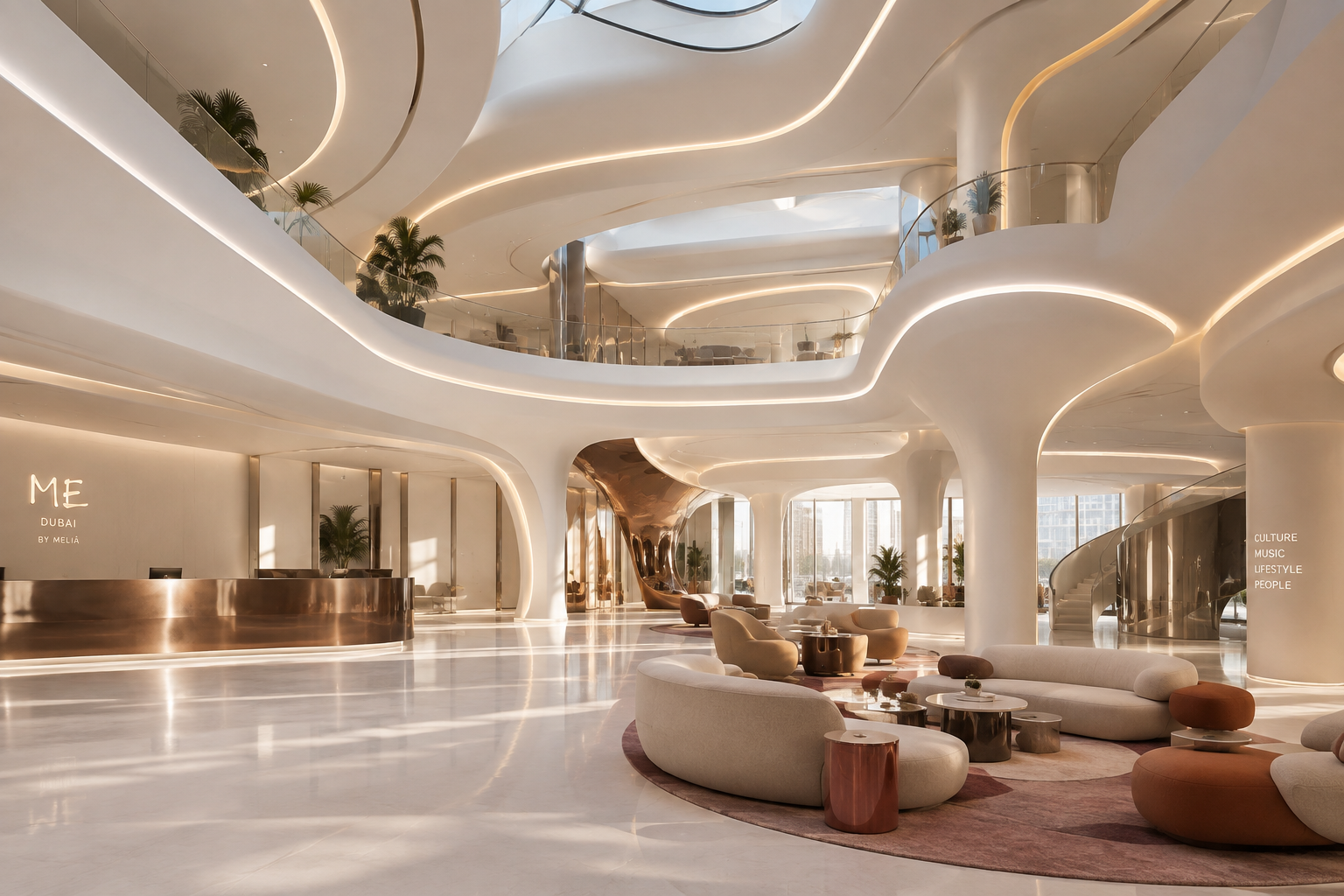 Curving white lobby interior of ME Dubai at The Opus