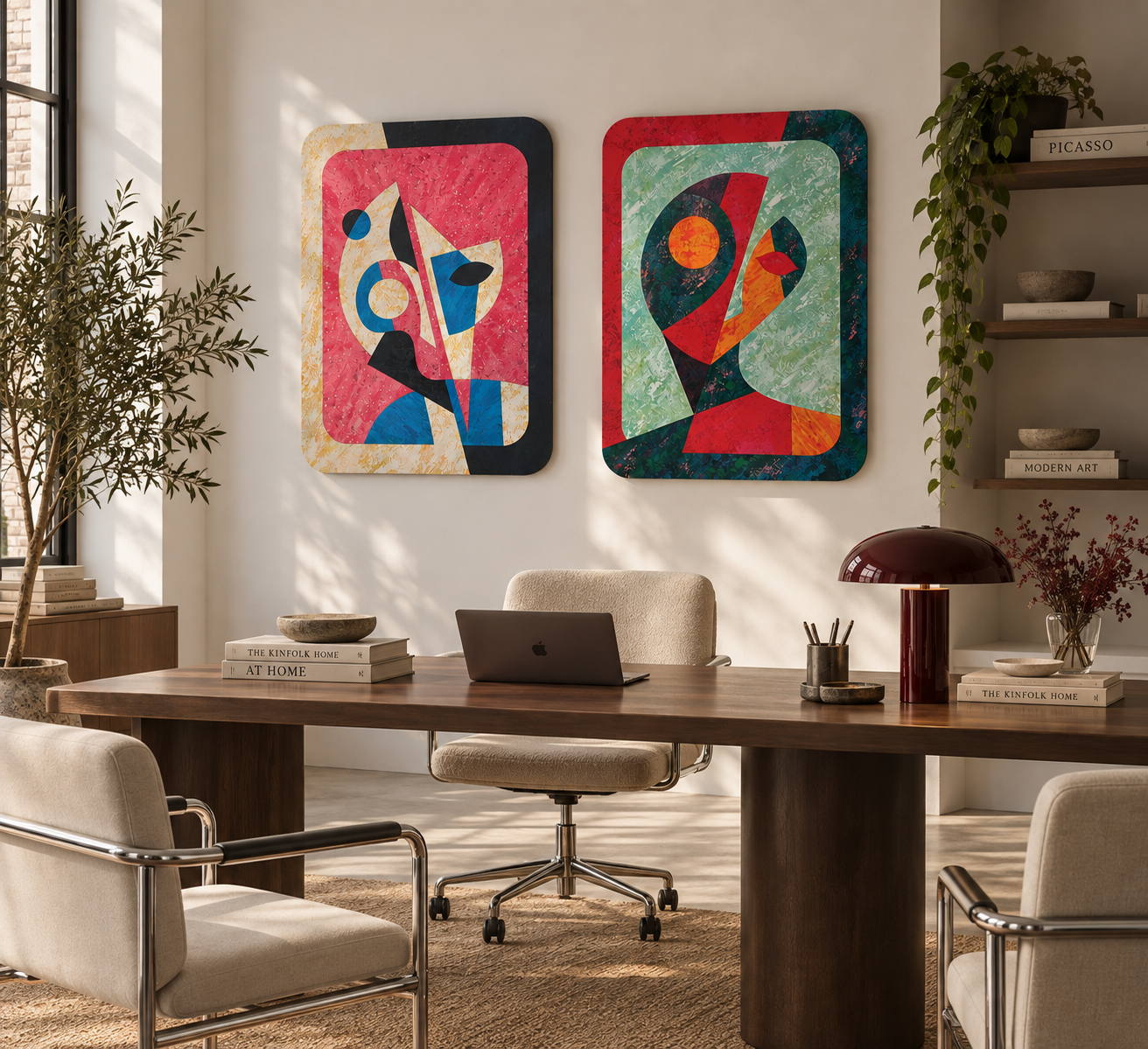 Illustrative office interior with two colourful abstract paintings above a desk (representative image, not the actual project)