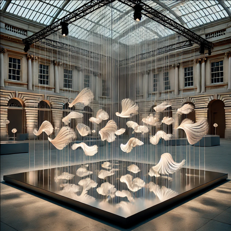 Suspended shell-like sculptural forms lit within an atrium at the Türkiye Pavilion, London Design Biennale 2025
